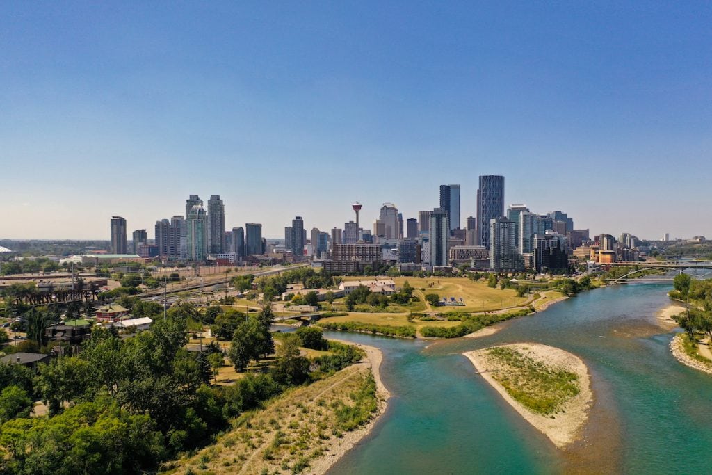 Things to Do in Calgary. Drone flight overlooking the city.