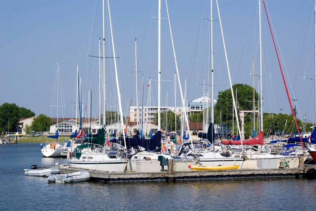 Sailboats line the wharf in Gimli, Manitoba.
