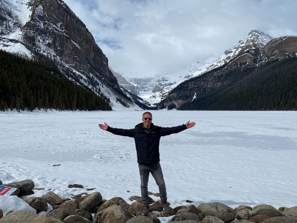 Lake Louise is still frozen in May but beautiful nonetheless.