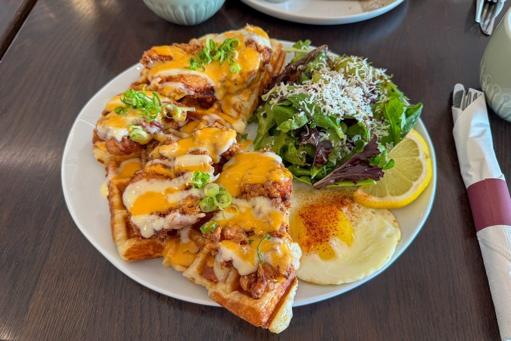 Enjoying Fried Chicken Korean Waffles at Arisu Coffee & Brunch.