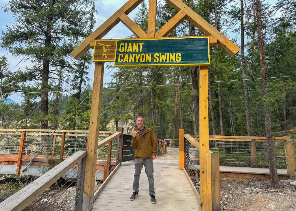 Enjoying the Canyon Swing at Golden Skybridge, BC.