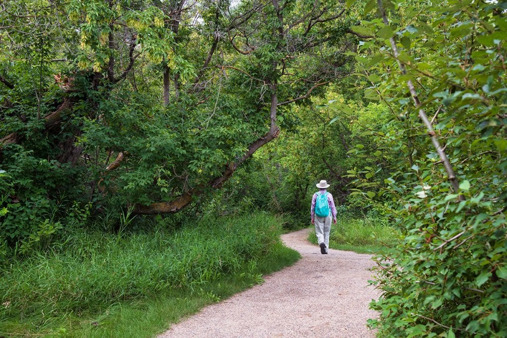 Hiking at Wanuskewin, near Saskatoon.