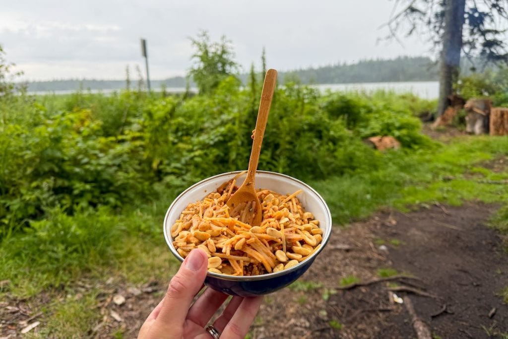 Eating Dried food on the Lakeland Provincial Park Canoe Circuit.